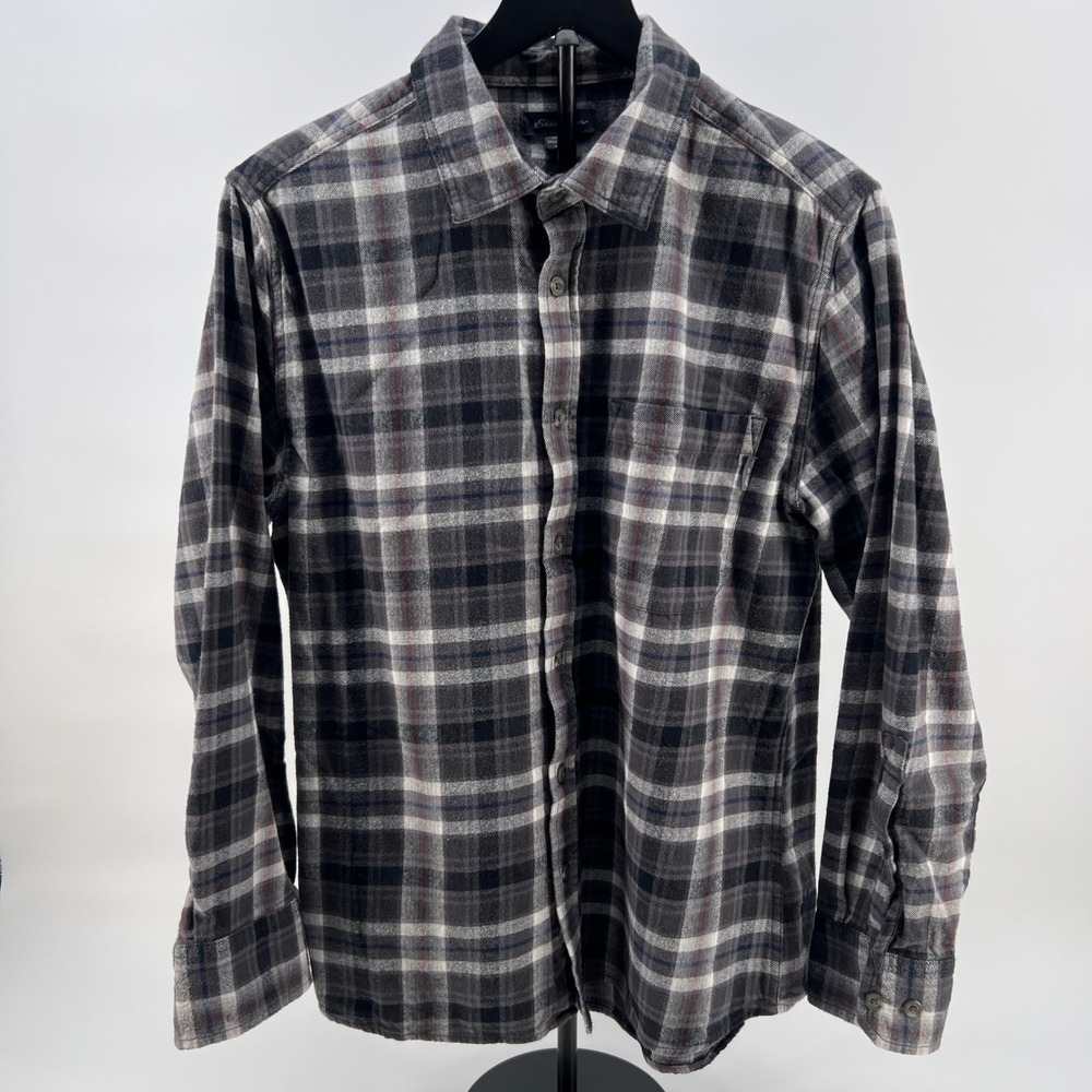 Eddie Bauer Mens Medium Grey Plaid Flannel Long Sleeve Button Down Cotton Shirt